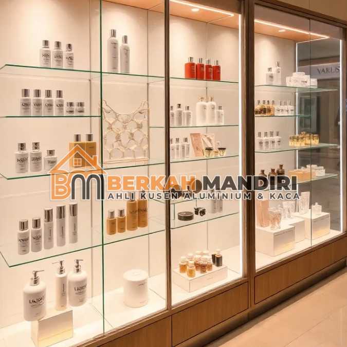 Jual Display kaca toko Babelan Bekasi untuk produk kosmetik