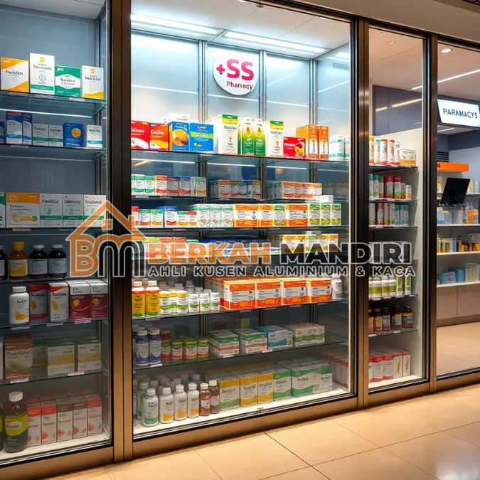 Jual Display kaca toko Harapan Indah Bekasi untuk apotek farmasi