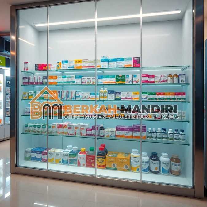 Jual Display kaca toko Harapan Indah Bekasi untuk apotek farmasi