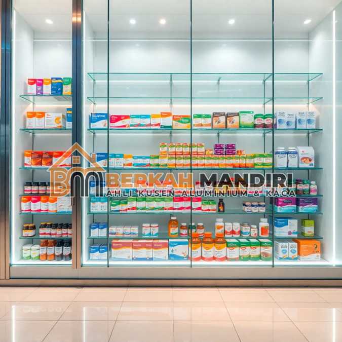 Jual Display kaca toko Harapan Indah Bekasi untuk apotek farmasi