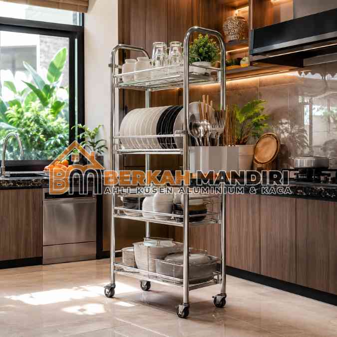 rak piring aluminium bekasi susun 4 roda kokoh