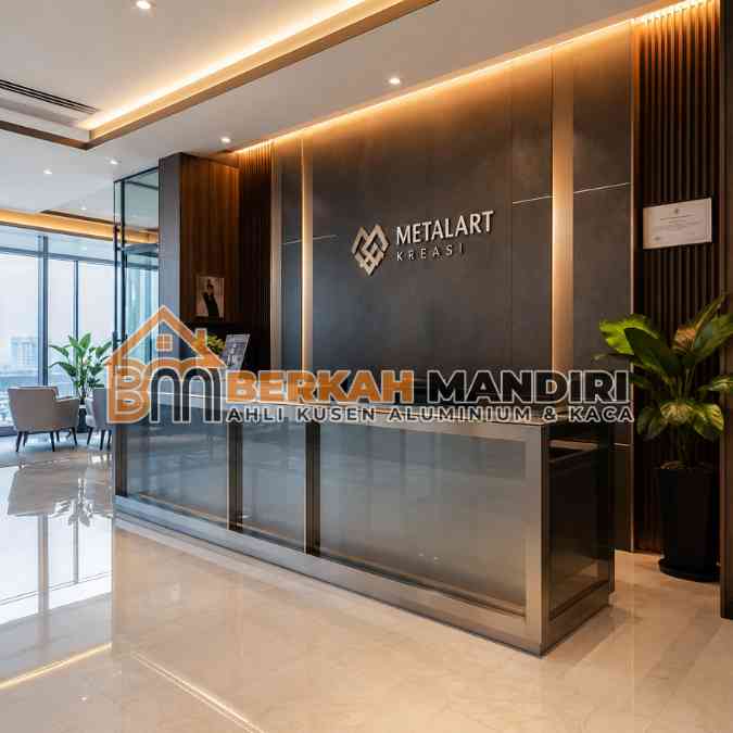 Jasa Meja Resepsionis Aluminium Kaca Tempered Garansi